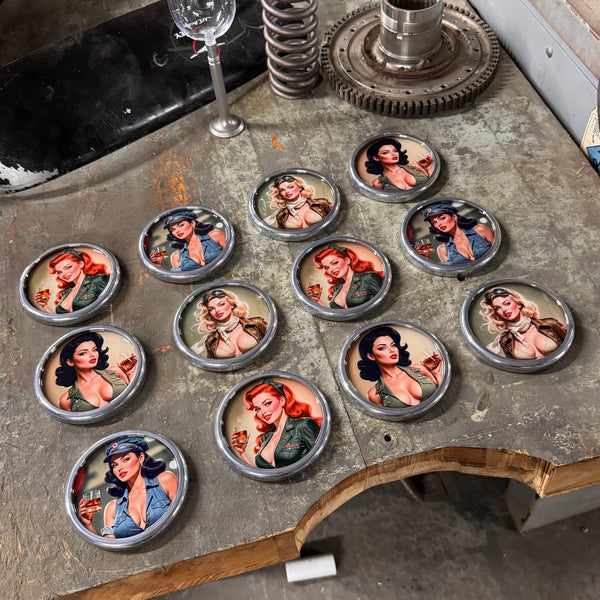 Wartime Spirits 4-1/4" Pinup Girls Squadron WWII Metal Drink Coaster Collection