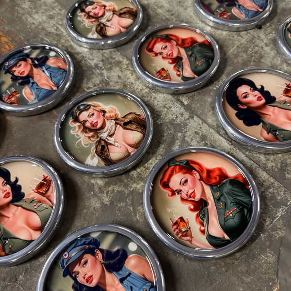 Wartime Spirits 4-1/4" Pinup Girls Squadron WWII Metal Drink Coaster Collection