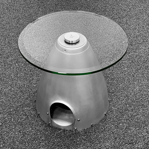 2-Bladed Raw Airplane Propeller Aviation Art Spinner Cone w/ Bulkhead Glass Coffee Side Cocktail Table